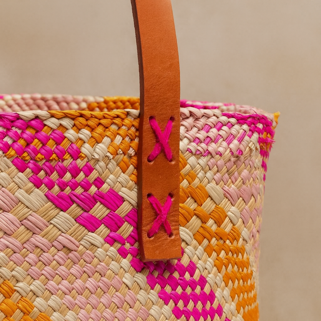 Artisanal Basket with leather in Fuchsia and Orange