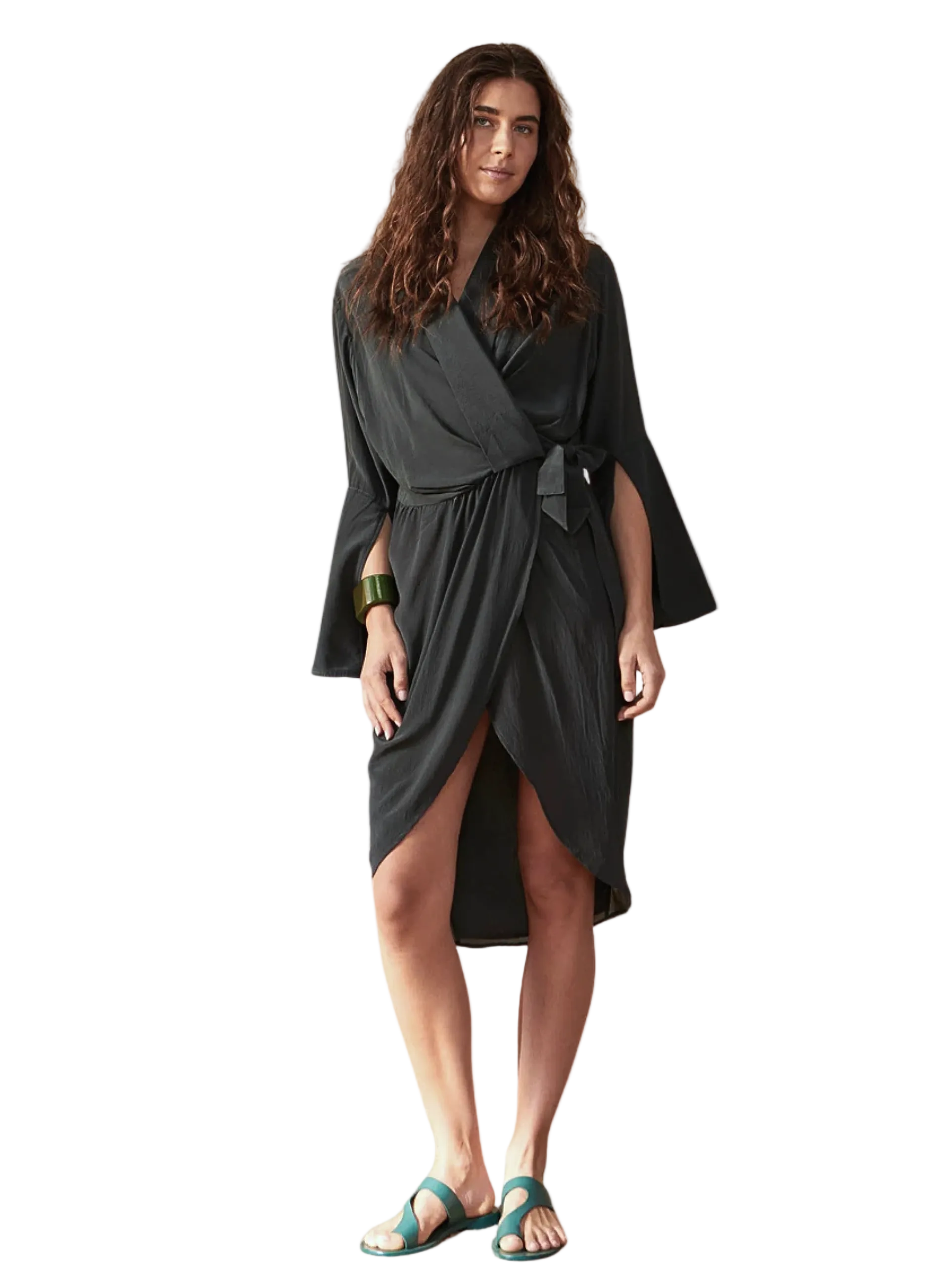 gray  dress with a belt