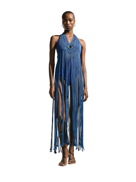 blue macramé dress with a geometric pattern of knots and fringes.