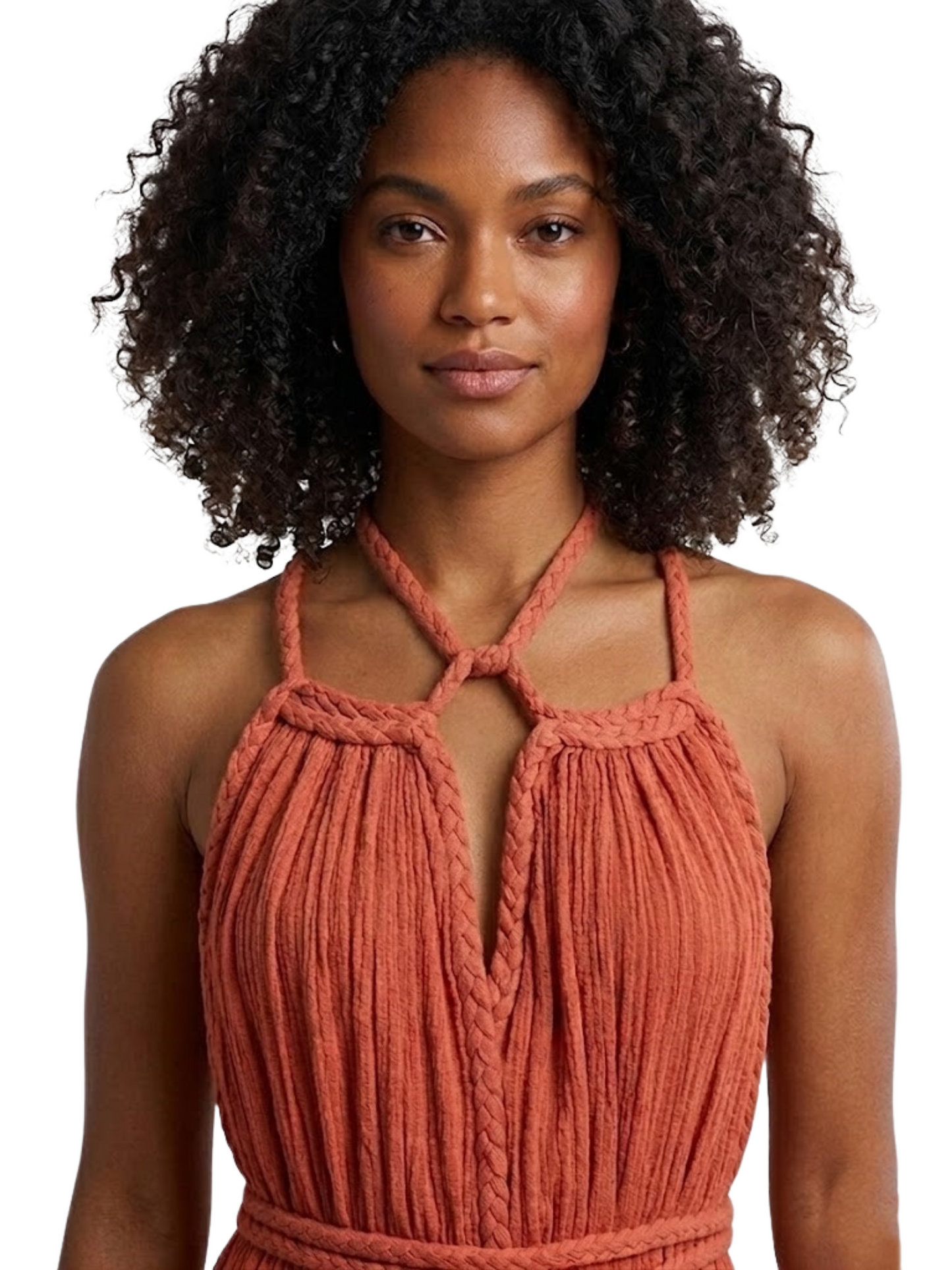  solid-colored gown with spaghetti straps and braided details around the neck and shoulders