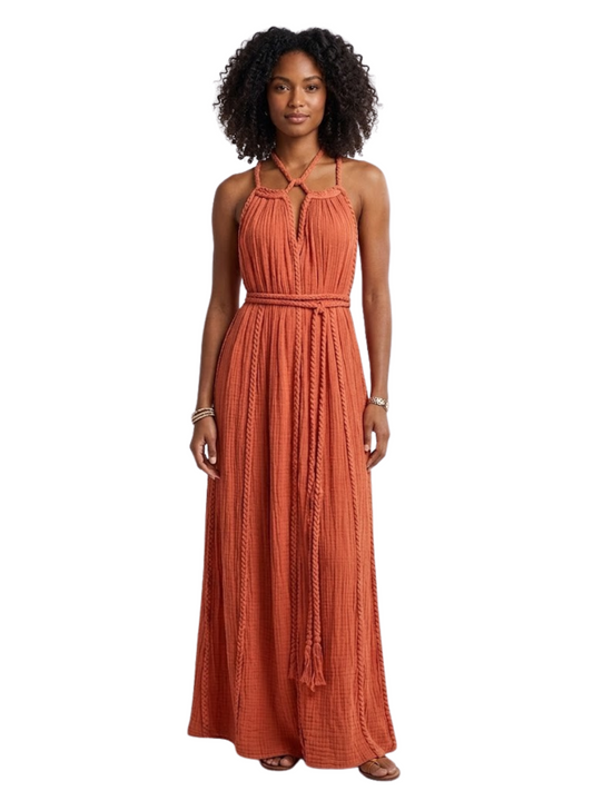  solid-colored gown with spaghetti straps and braided details around the neck and shoulders