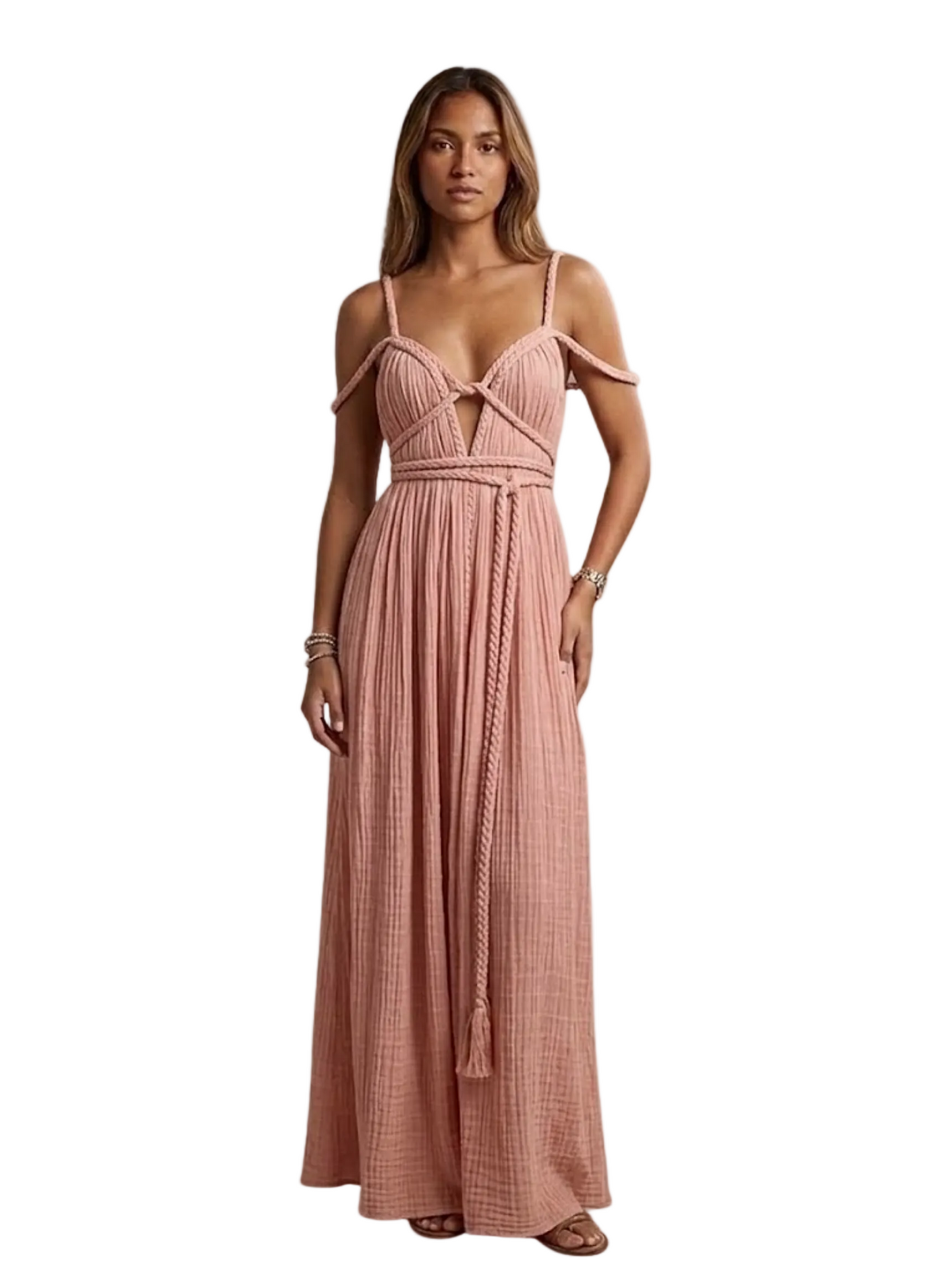  pink, solid-colored gown with spaghetti straps and braided details around the neck and shoulders