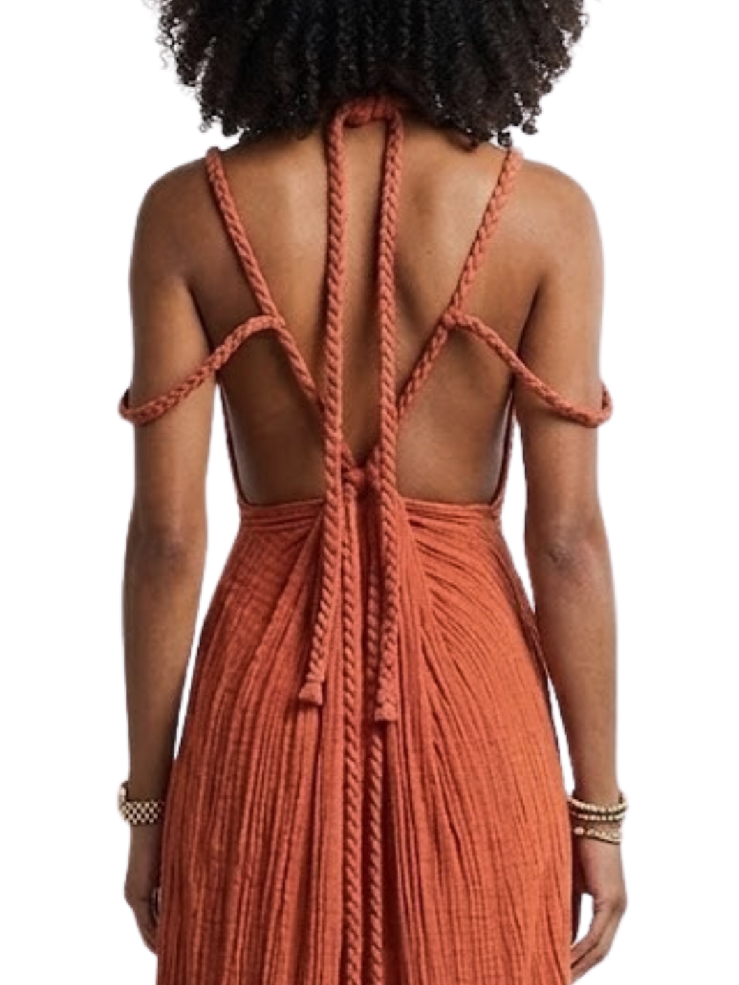  solid-colored gown with spaghetti straps and braided details around the neck and shoulders