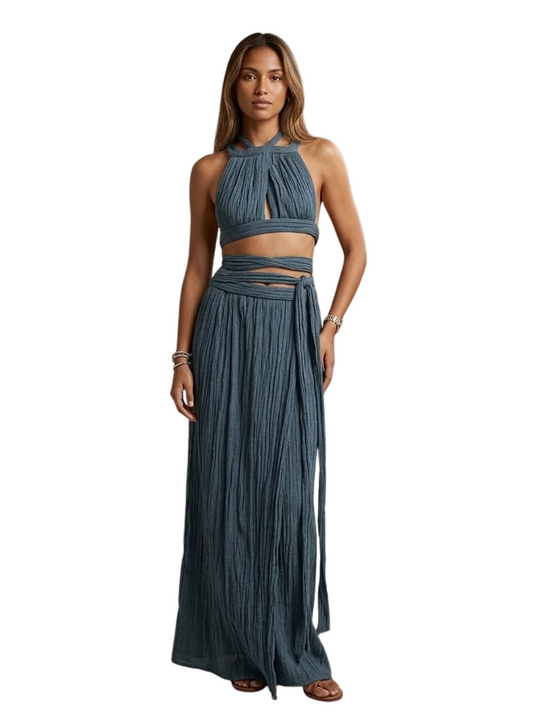  blue halter top and long skirt set 