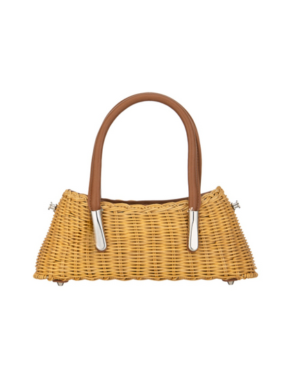 Wicker handbag with brown handle and silver details