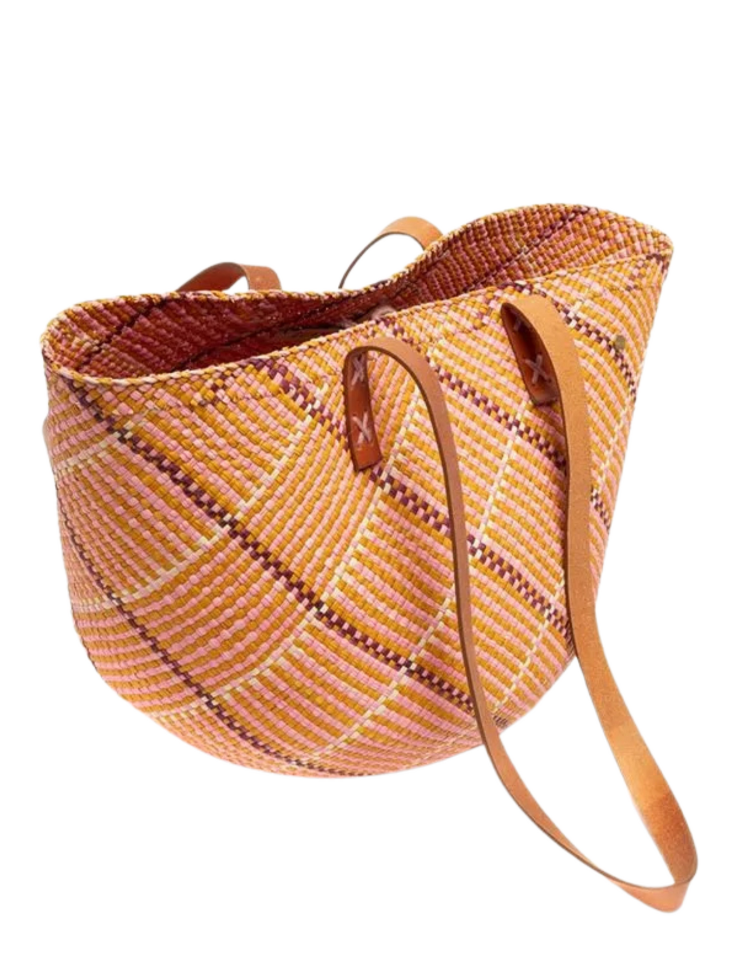 woven basket handback in orange pink tones with a leather strap 
