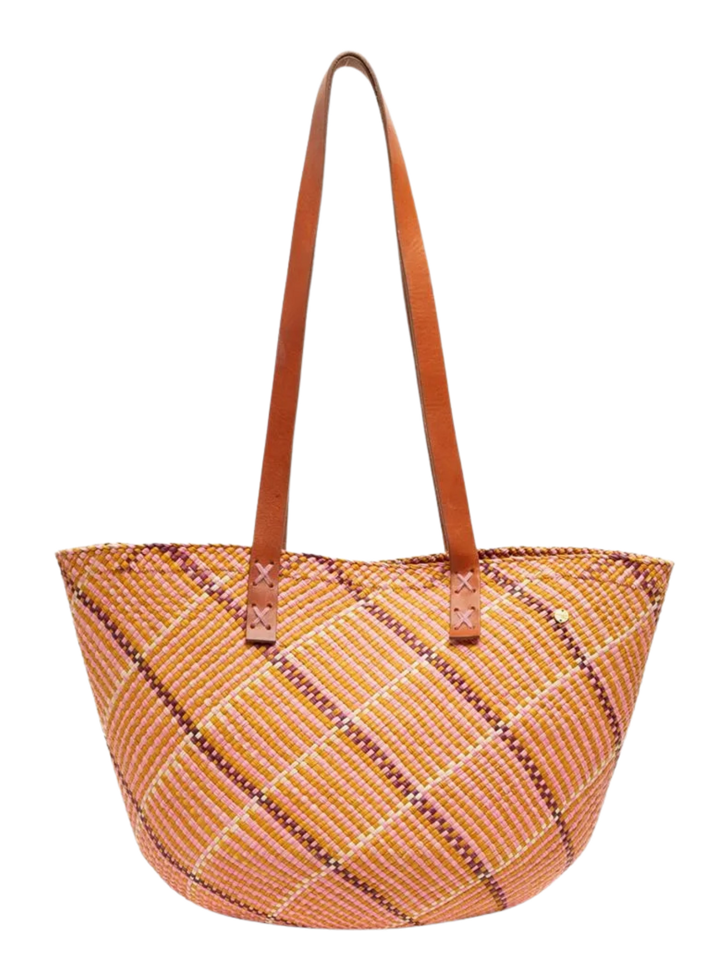 woven basket handback in orange pink tones with a leather strap 