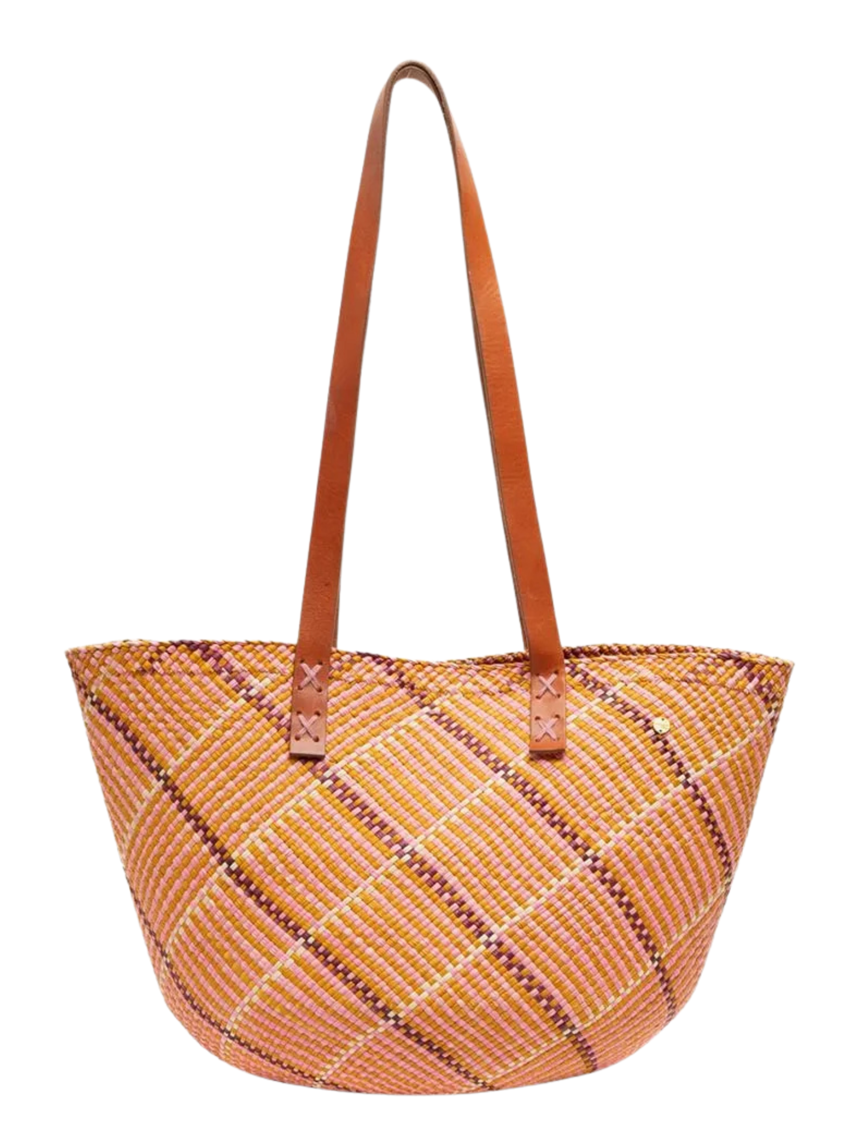 woven basket handback in orange pink tones with a leather strap 