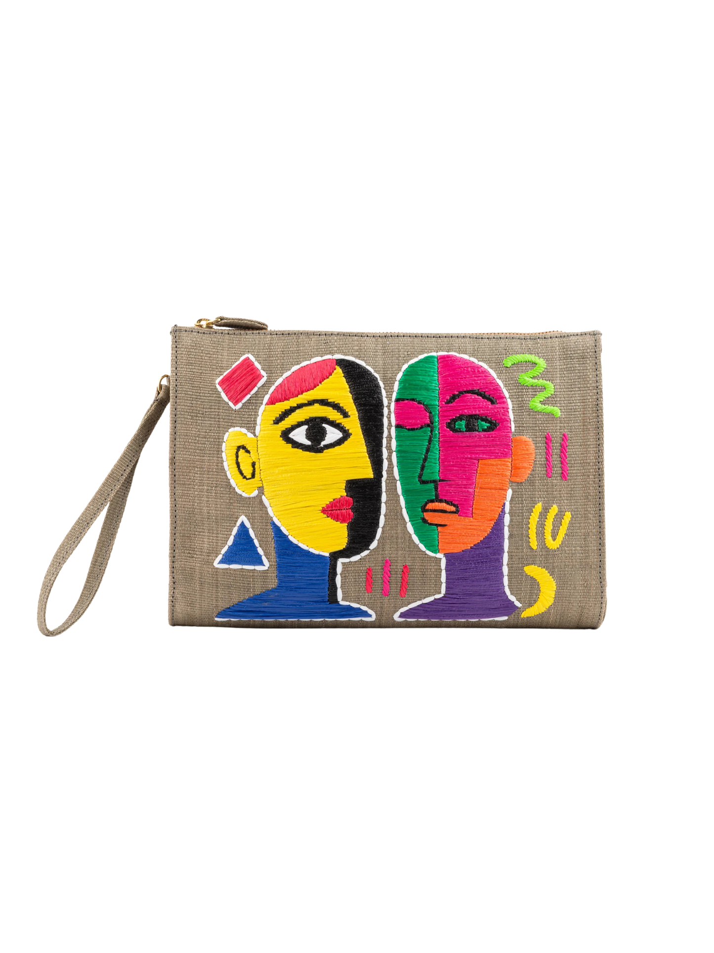 Natural pouch with embroidered artistic design