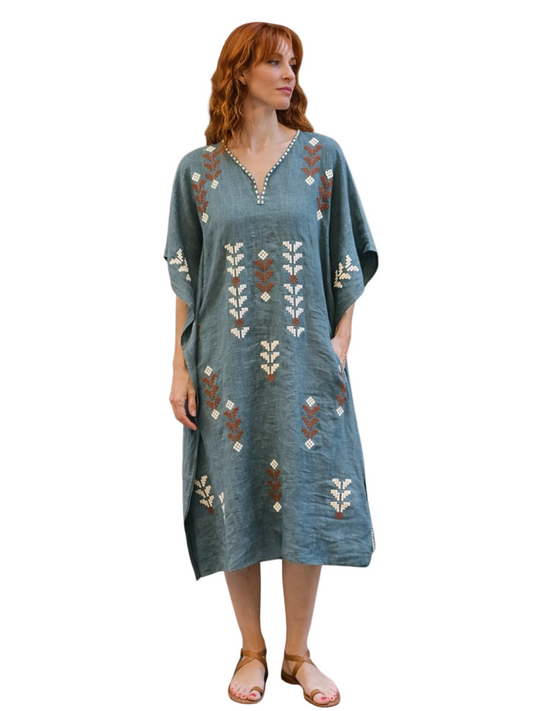 sage dress with white and red embroidery