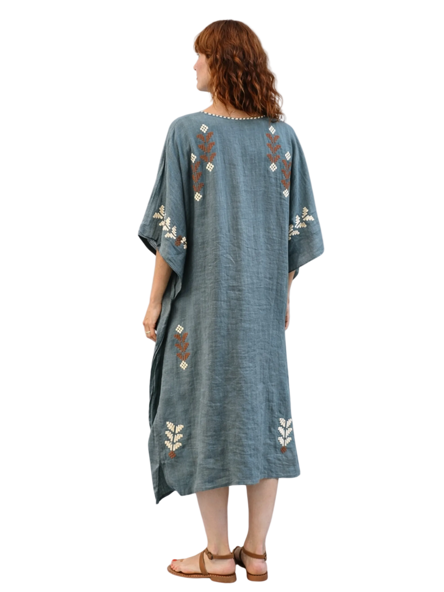 sage dress with white and red embroidery