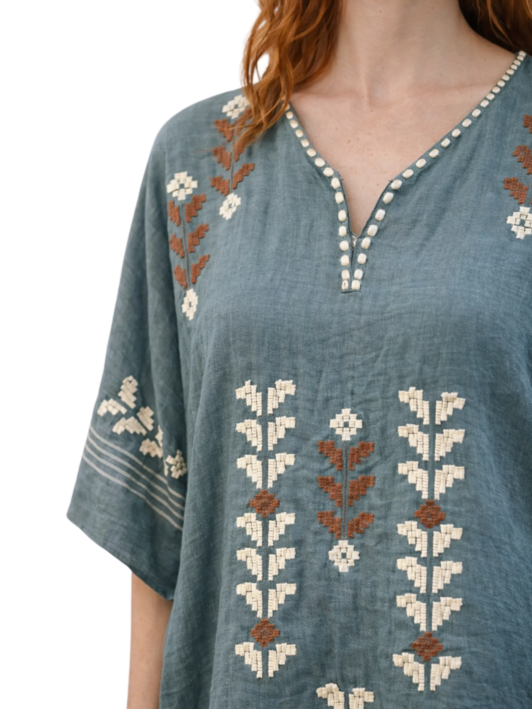 sage dress with white and red embroidery