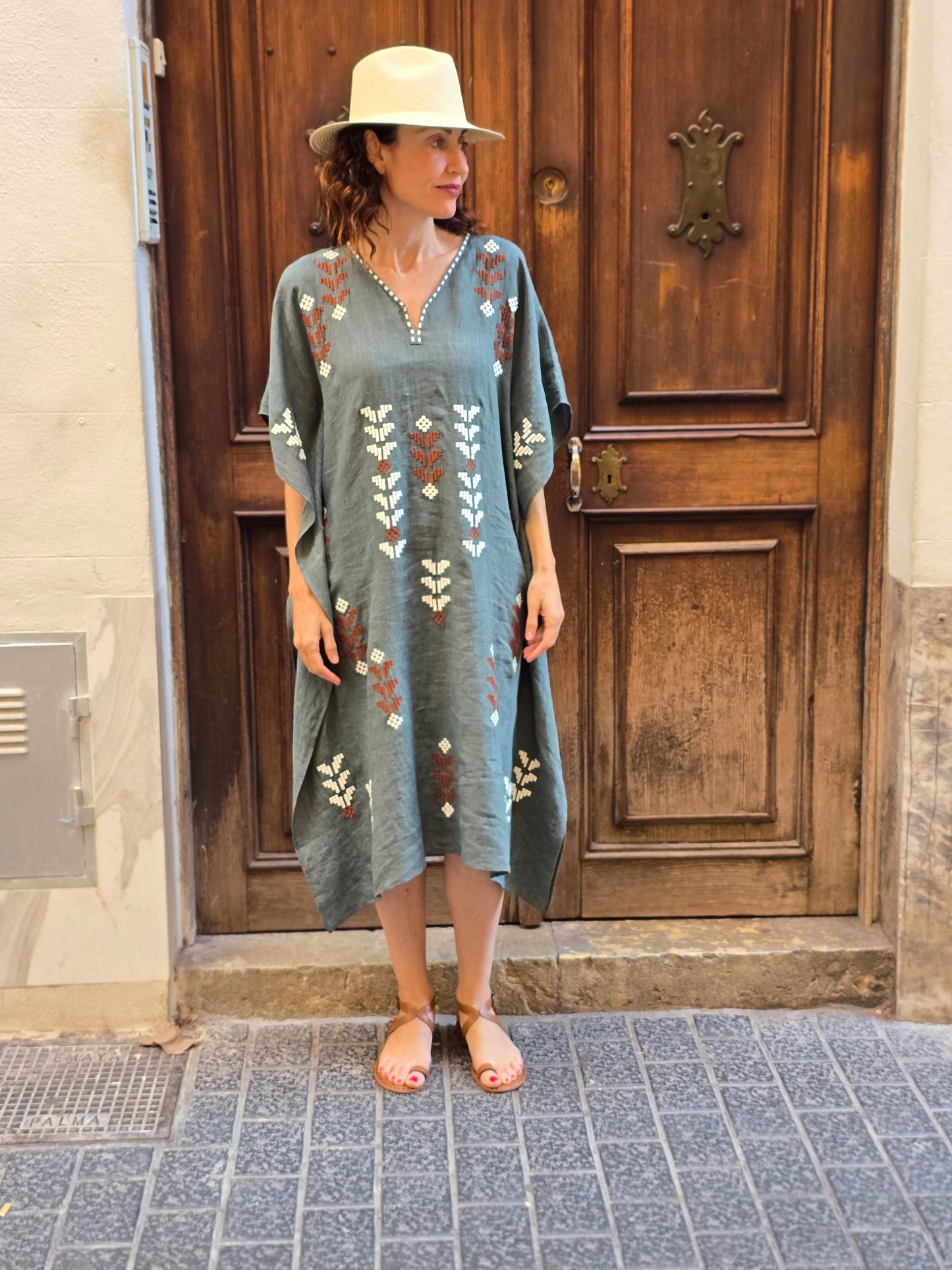 sage dress with white and red embroidery