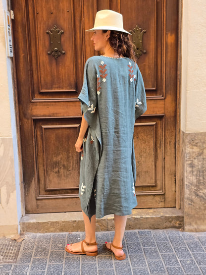 sage dress with white and red embroidery