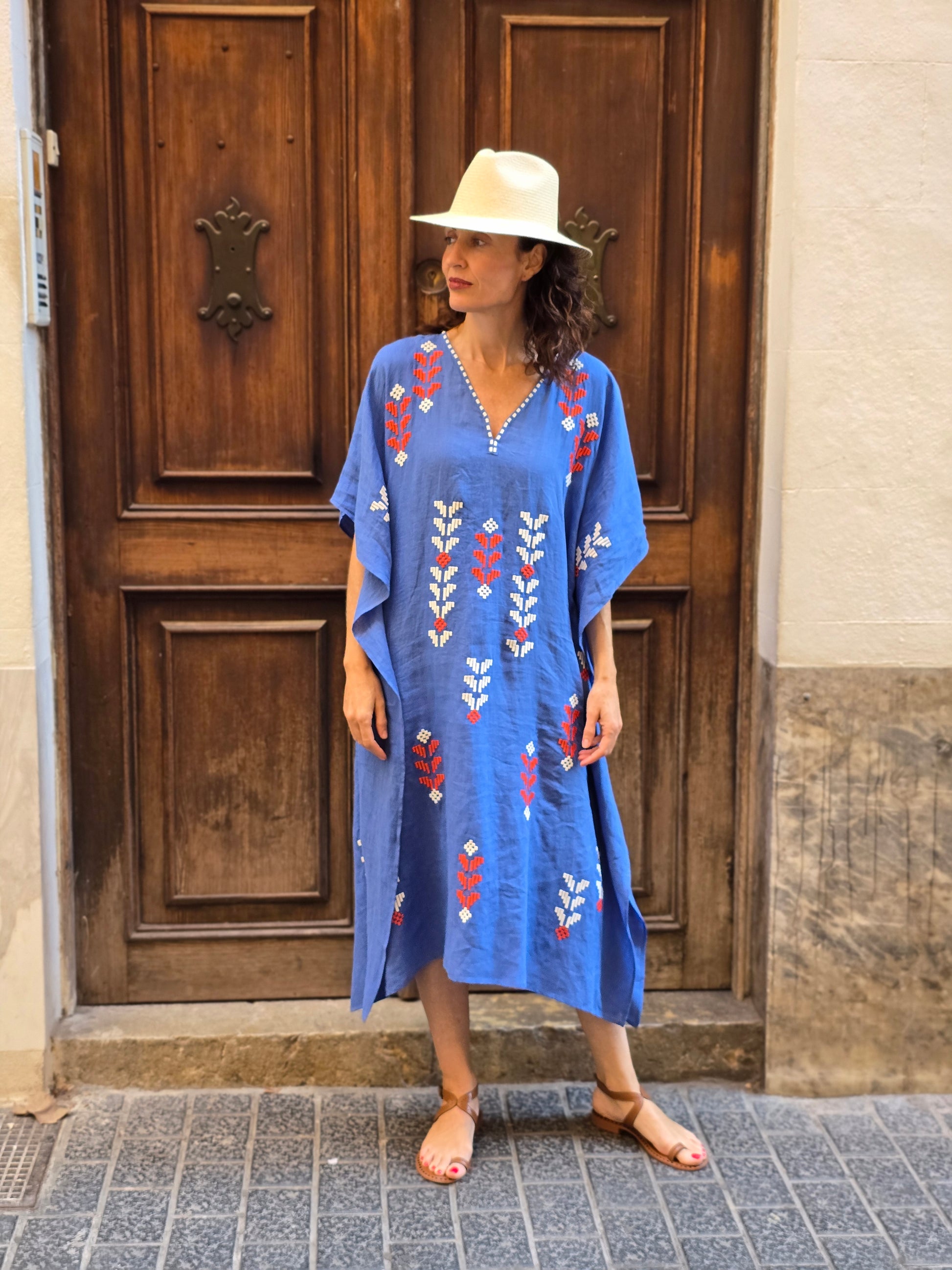  blue dress with white and red embroidery