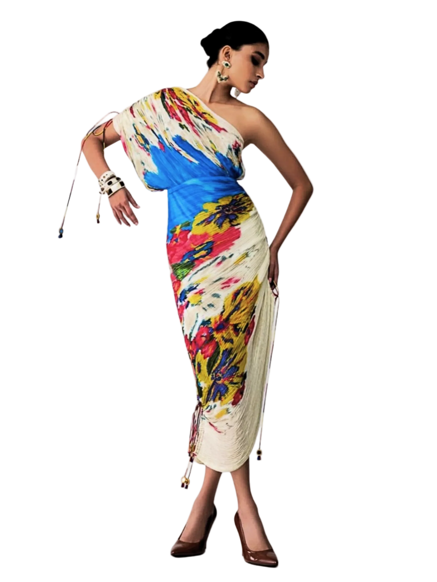 colorful one-shoulder dress with floral patterns 