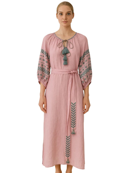 lilac kaftan dress with blue embroideries 