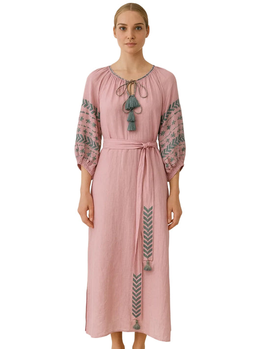 lilac kaftan dress with blue embroideries 