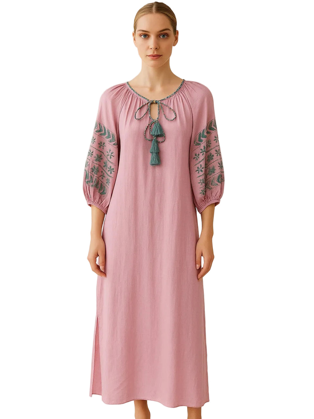 lilac kaftan dress with blue embroideries 