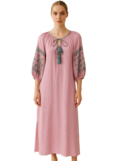 lilac kaftan dress with blue embroideries 