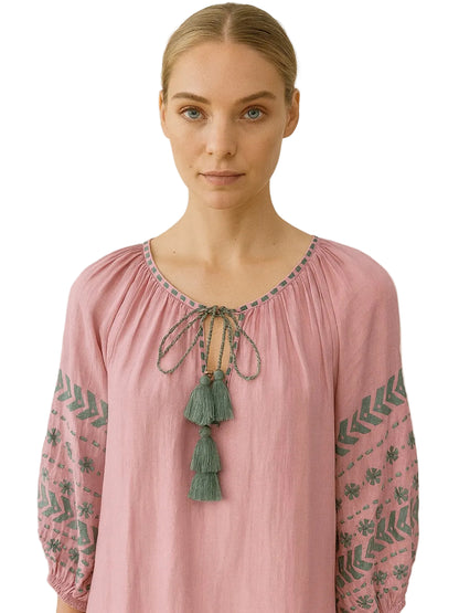 lilac kaftan dress with blue embroideries 