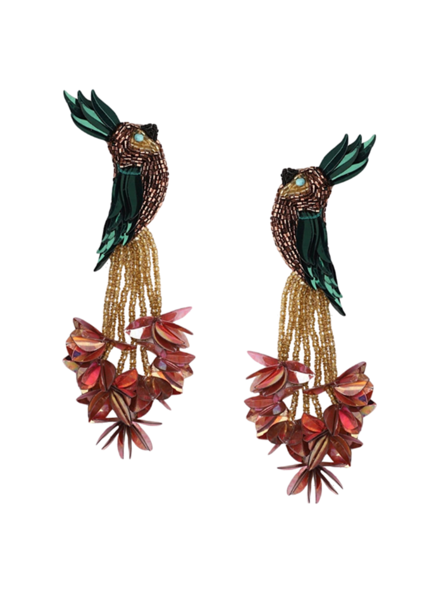 Tropical-themed earrings with parrot figures and beaded floral elements