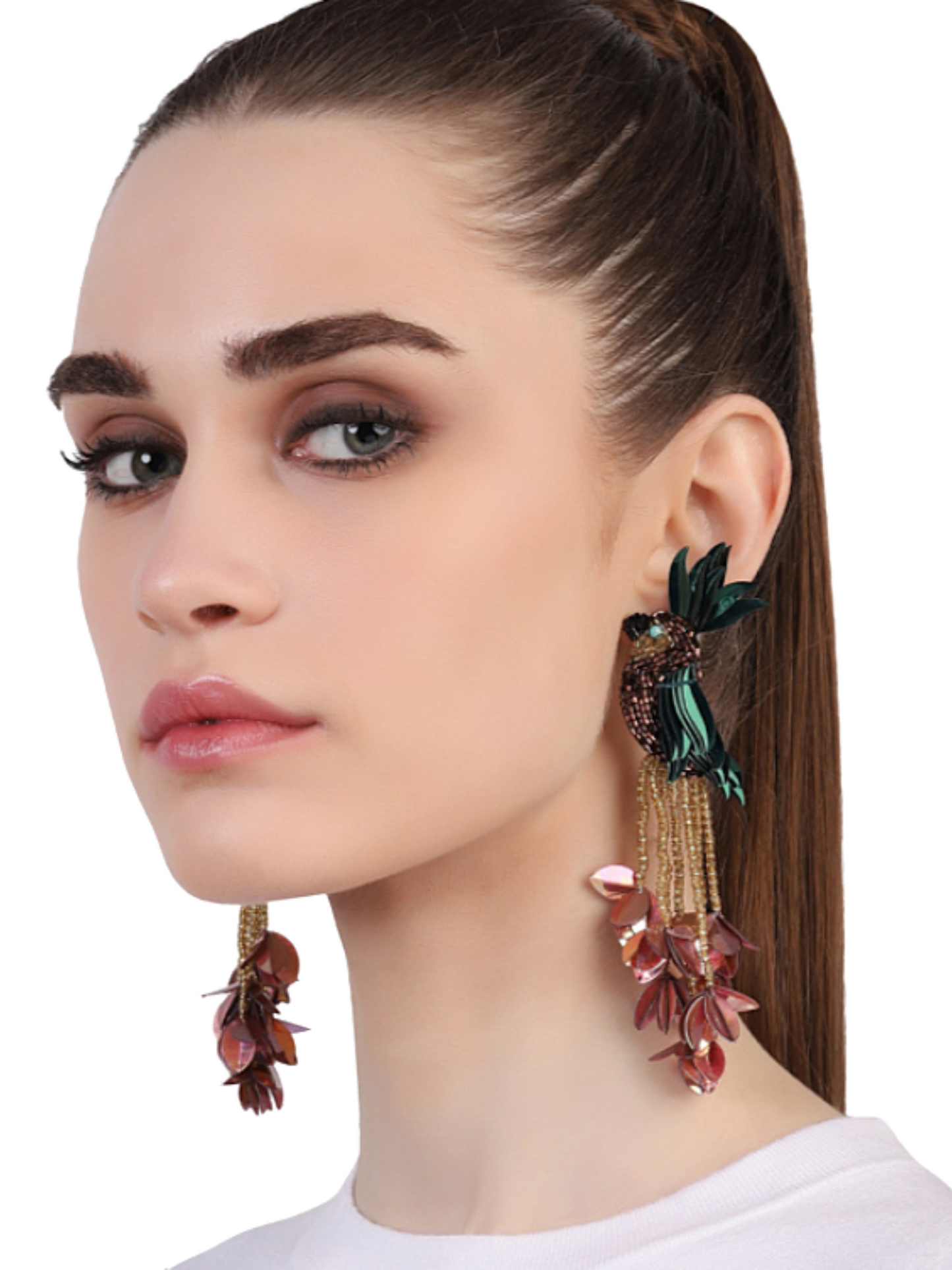 Tropical-themed earrings with parrot figures and beaded floral elements