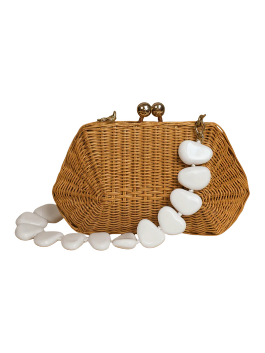 Wicker handbag with white stones