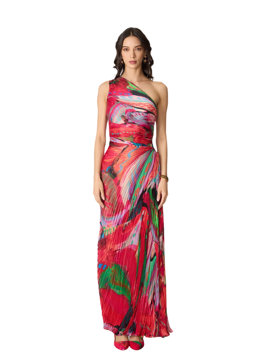  one-shoulder pleated maxi dress with a vibrant abstract print