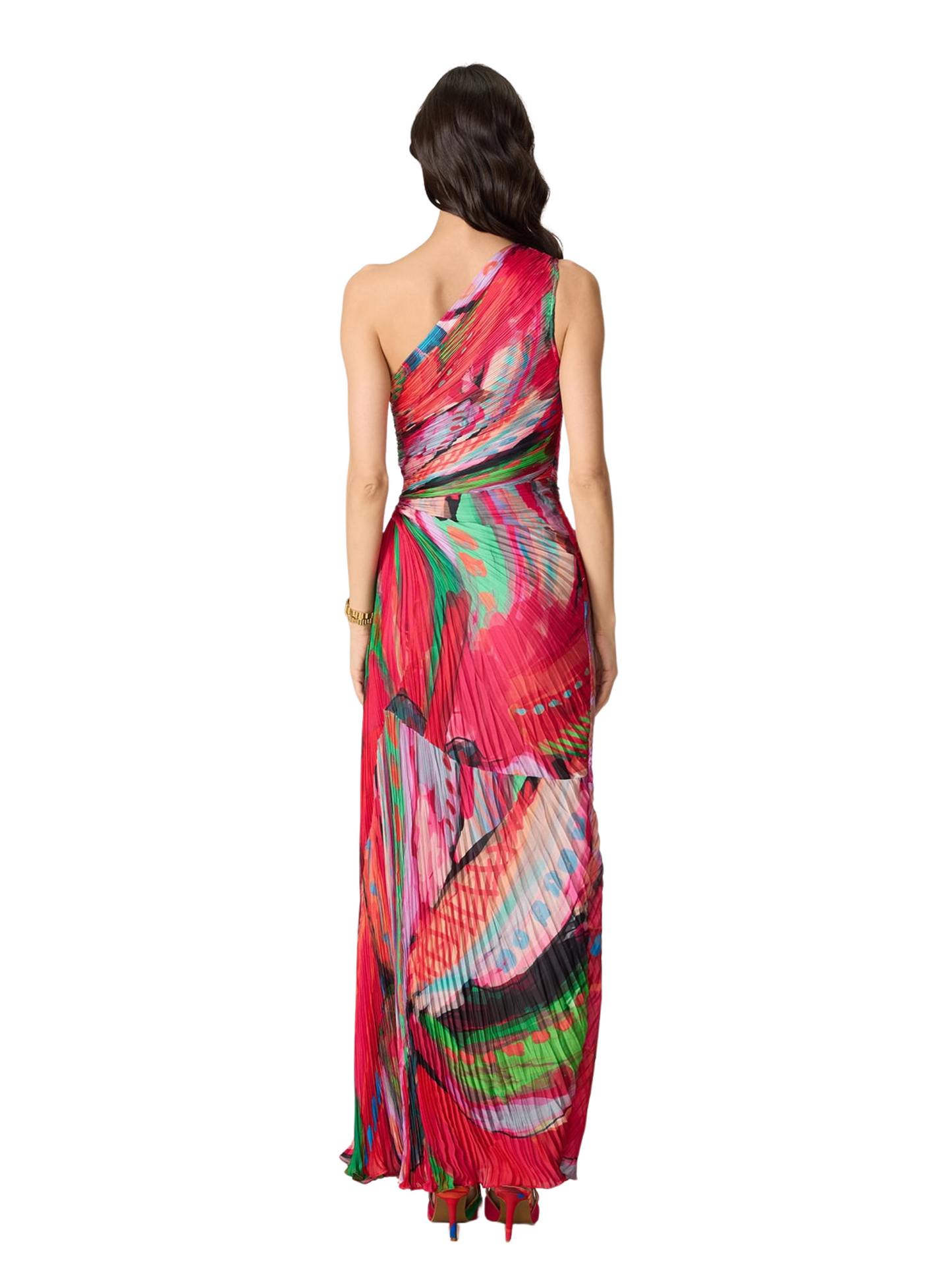  one-shoulder pleated maxi dress with a vibrant abstract print