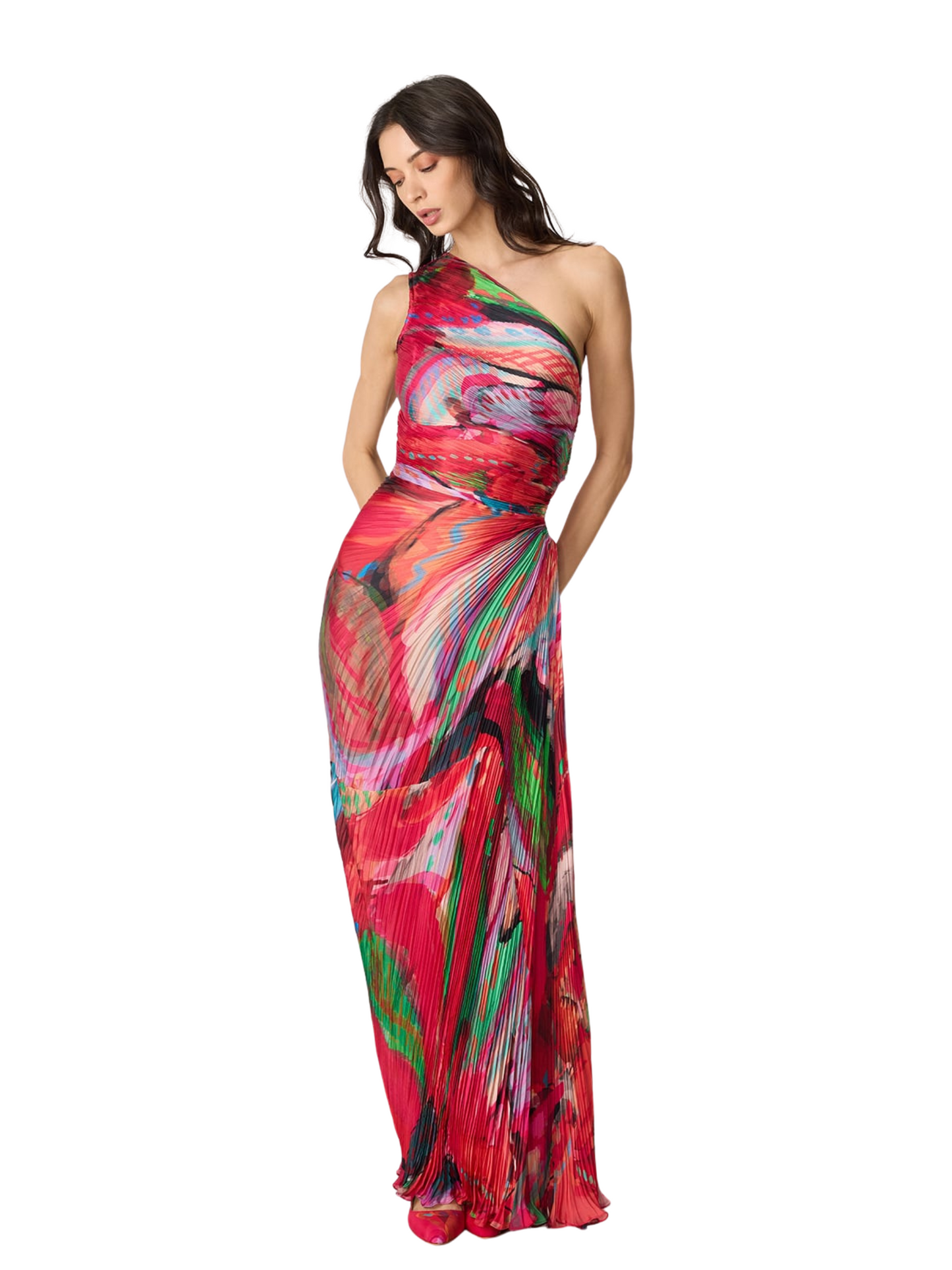  one-shoulder pleated maxi dress with a vibrant abstract print