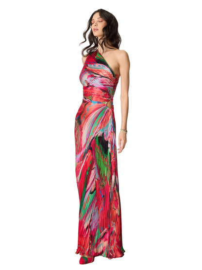  one-shoulder pleated maxi dress with a vibrant abstract print