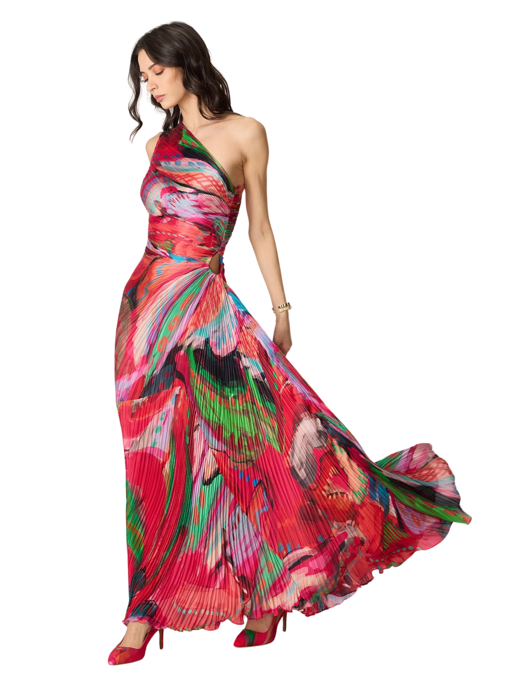  one-shoulder pleated maxi dress with a vibrant abstract print