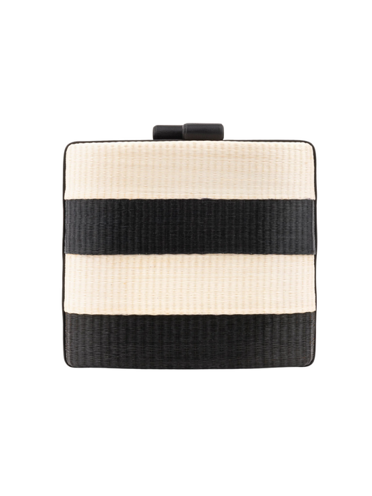  clutch in black and ivory with sheepskin trim
