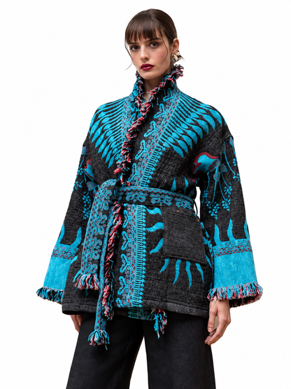 Jacquard Belted Jacket Soft Suntrance Turquoise