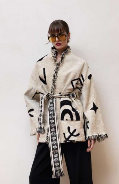 Jacquard Belted Jacket Soft Eclipse Ecru