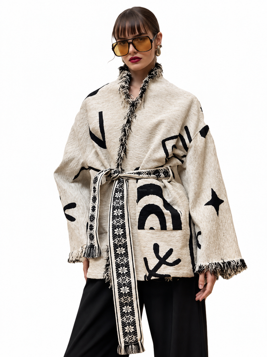 Jacquard Belted Jacket Soft Eclipse Ecru