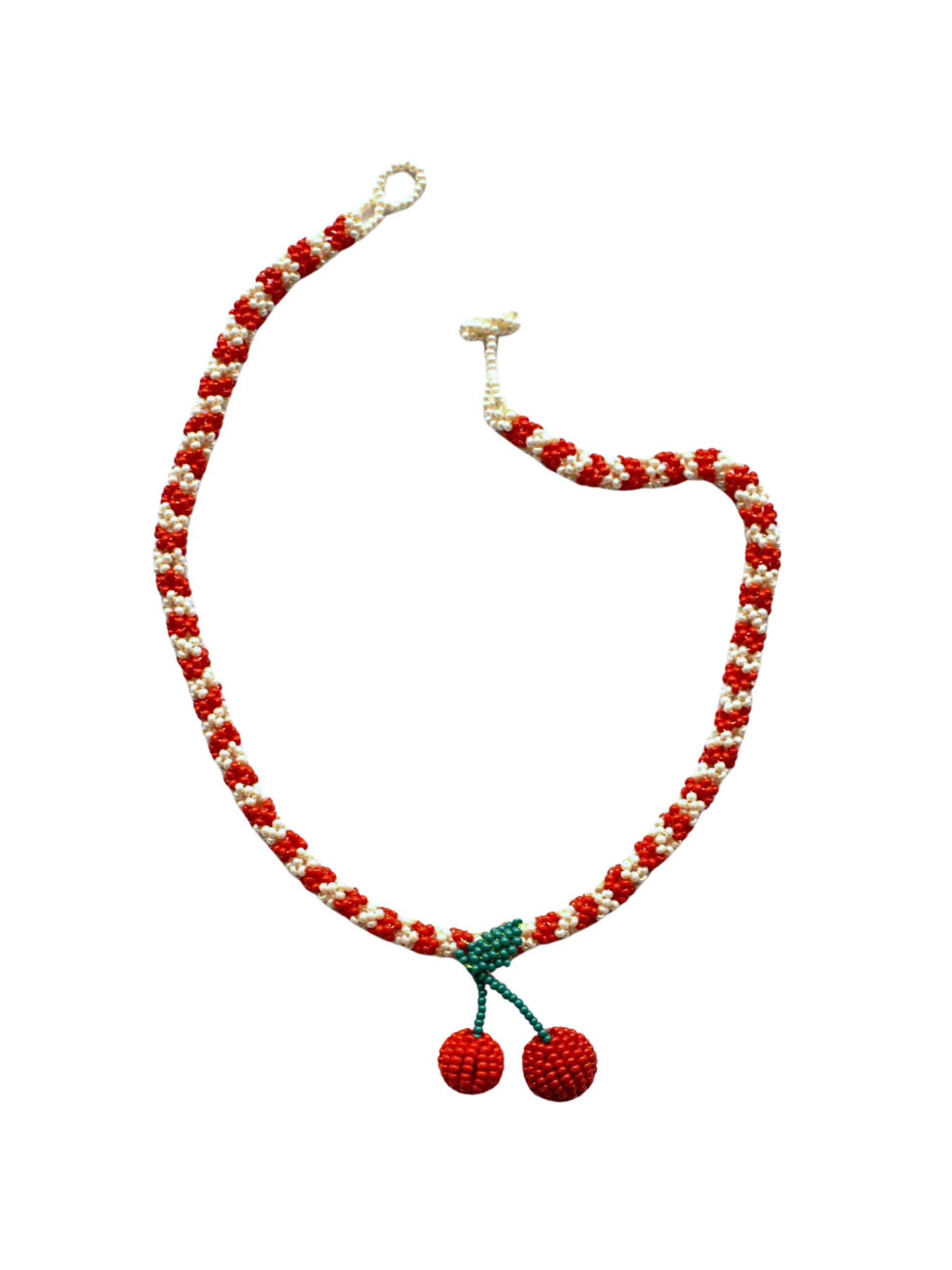 Necklace with red and white beads and cherry pendants