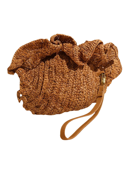 Raffia crochet shell bag with leather straps
