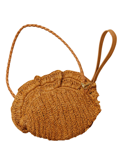 Raffia crochet shell bag with leather straps