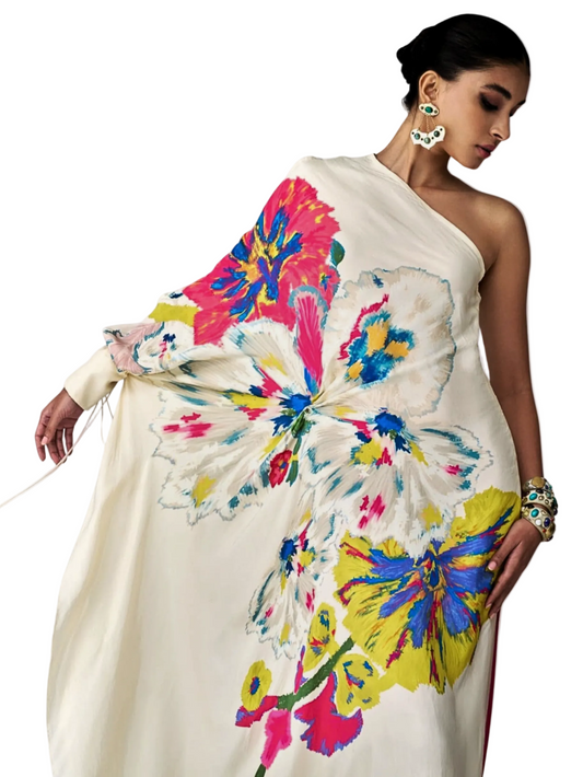 one-shoulder dress with colorful floral patterns