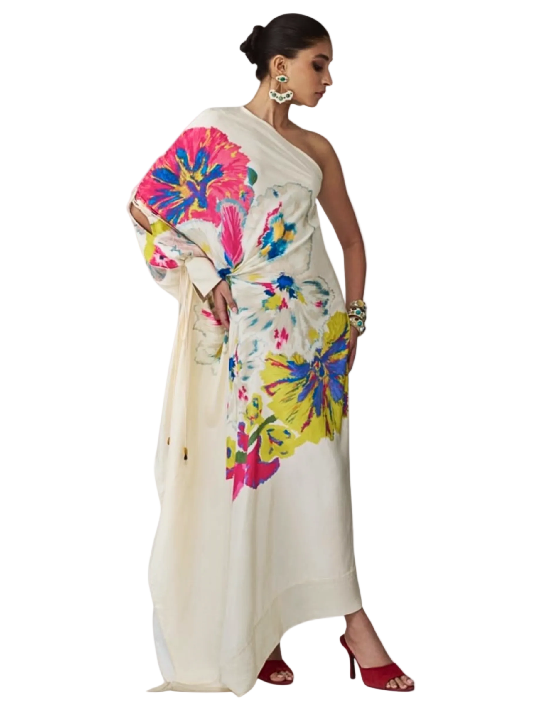 one-shoulder dress with colorful floral patterns