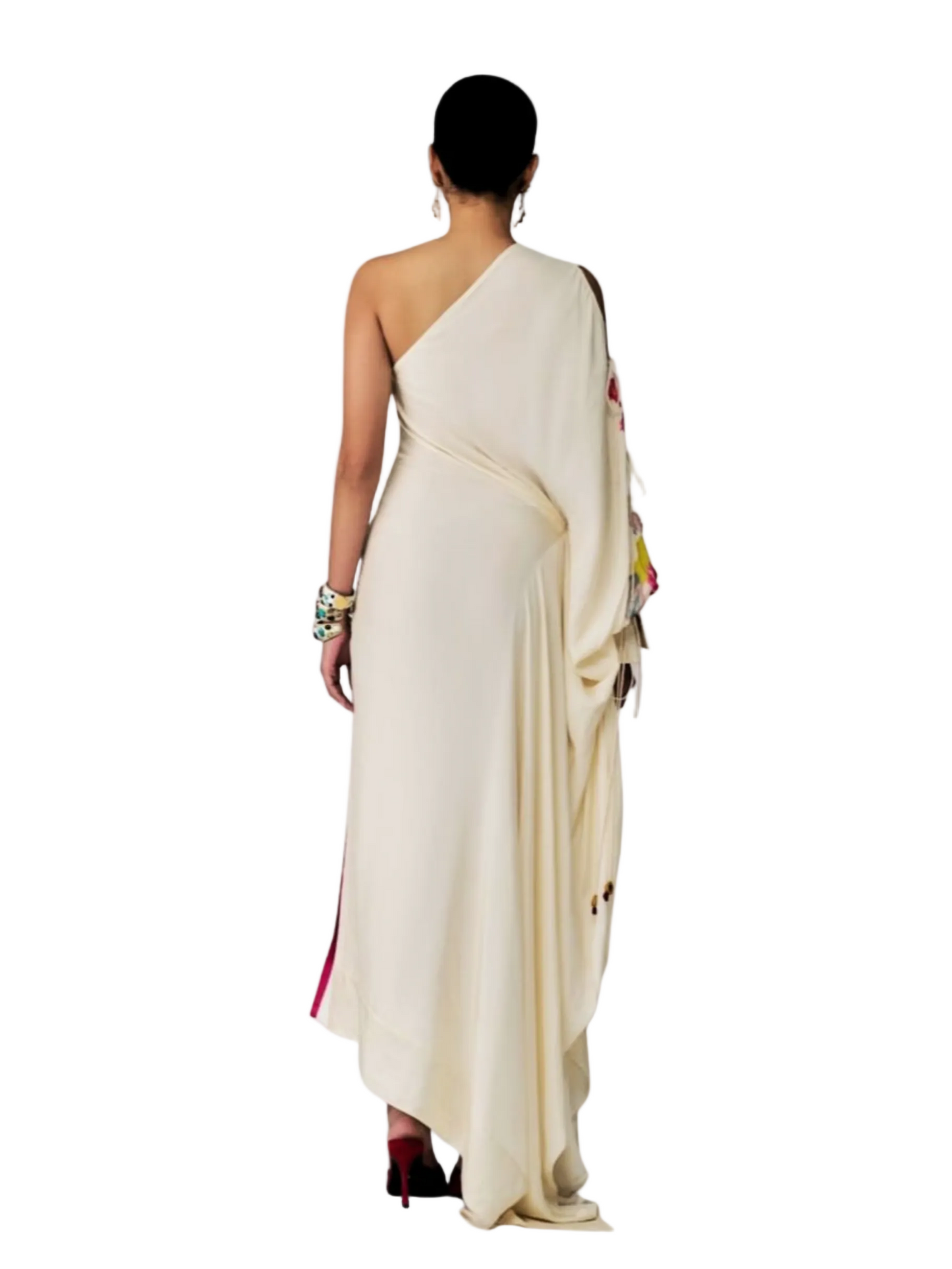 one-shoulder dress with colorful floral patterns