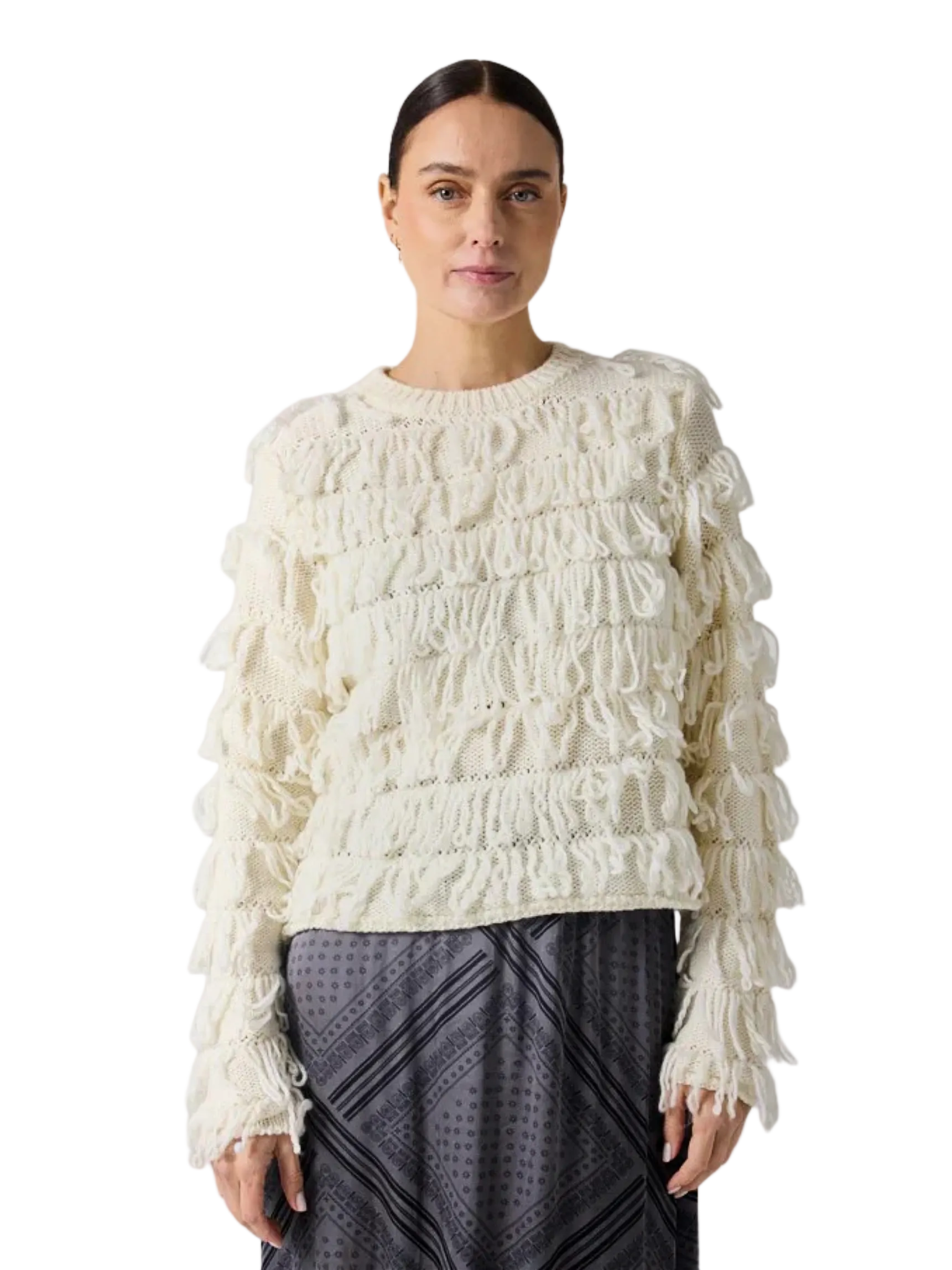 white fringed sweater