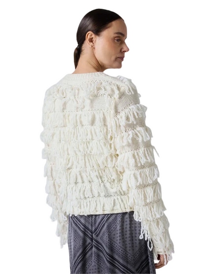 white fringed sweater
