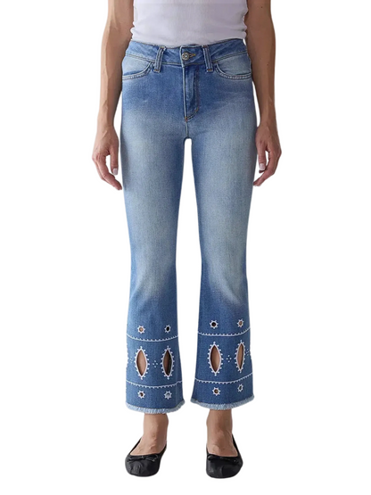 light blue cropped jeans with cutout embroidery details