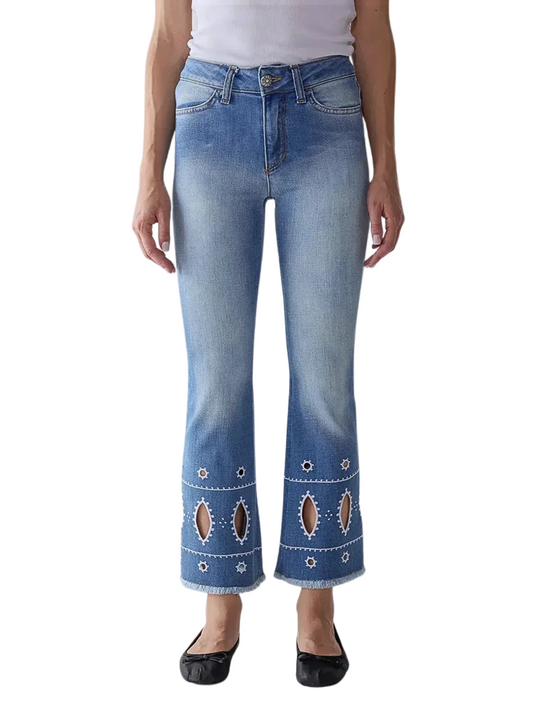 light blue cropped jeans with cutout embroidery details