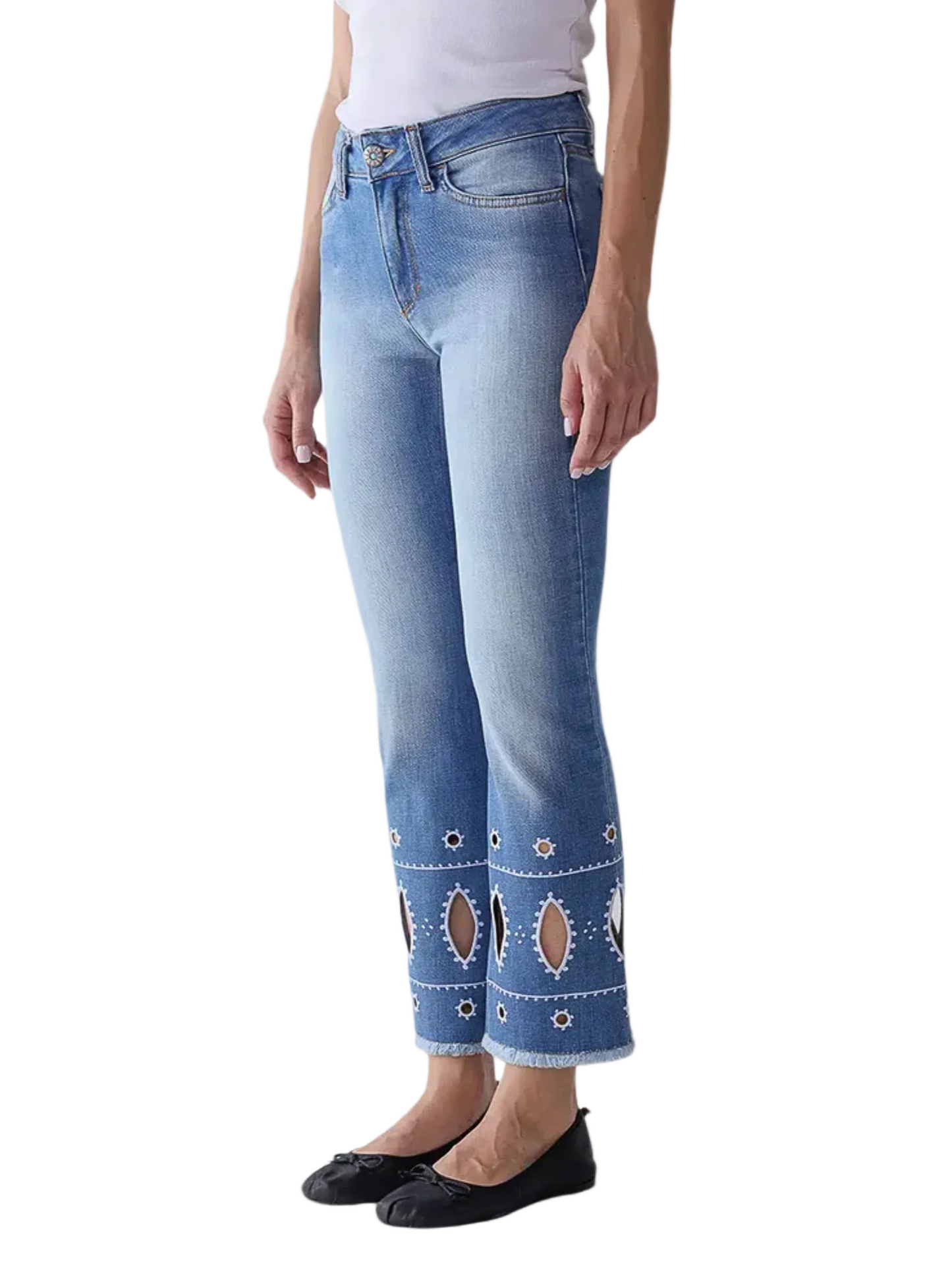 light blue cropped jeans with cutout embroidery details