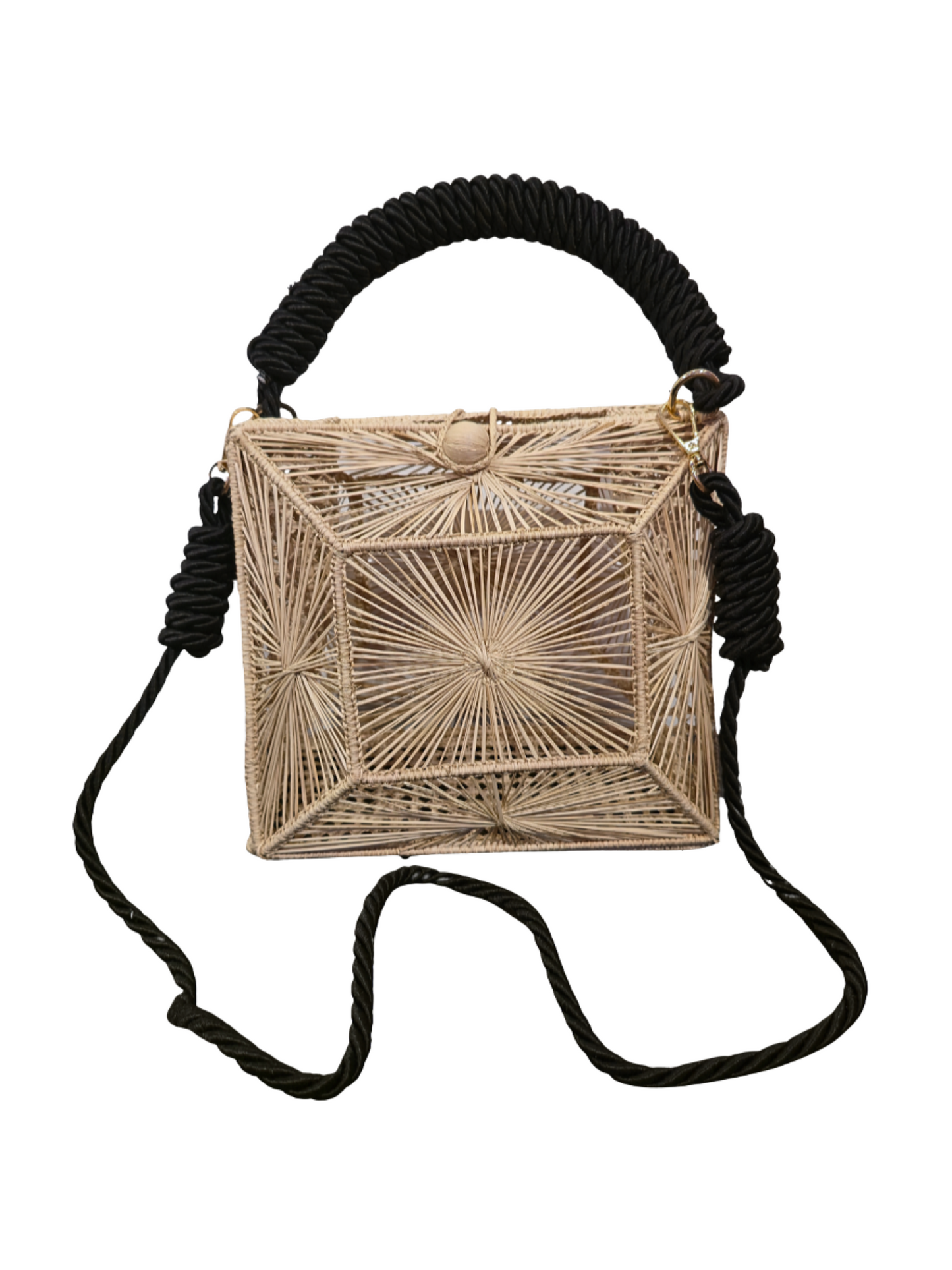 Handwoven iraca cube bag with sculptural sunburst weave. 