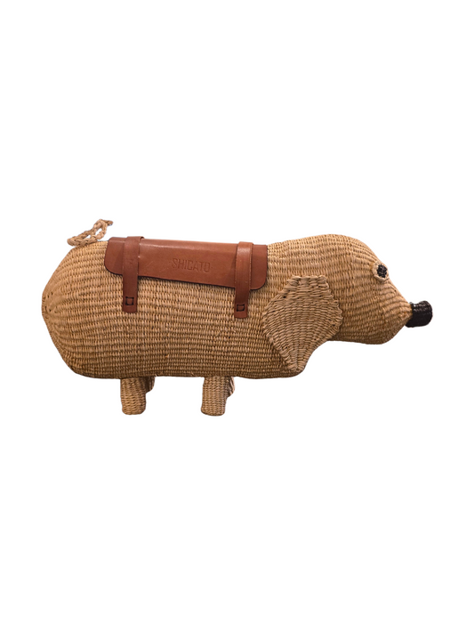 Woven Dachshund bag with brown leather accents 